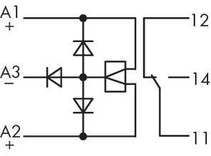 Circuit diagram of a rectifier bridge circuit with diodes. Connections: A1(+), A2(+), A3(-), 12, 14. Diodes conduct to the output.