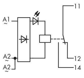 Switching symbol of a relay with LED indication. Connections: A1, A2 (coil); 11, 12, 14 (contacts). Diode symbol shows direction of current flow.