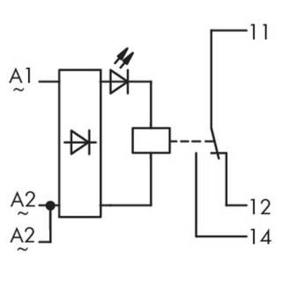 Switching symbol of a relay with LED indication. Connections: A1, A2 (coil); 11, 12, 14 (contacts). Diode symbol shows direction of current flow.