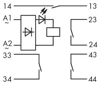 'Electrical circuit diagram with diodes and connections, labelled A1, A2, 13, 14, 23, 24, 33, 34, 43, 44. Electrical circuits and connections illustrated.'