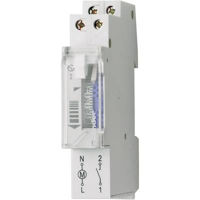 Electric time switch with transparent casing, time setting scale and connection terminals visible on top.