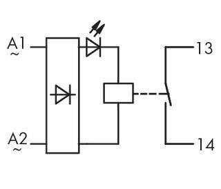 Circuit diagram of a relay with LED and diode for rectification. Connections: A1, A2 for input side; 13, 14 for output.