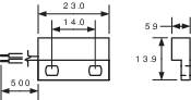 Technical drawing shows the dimensions of a rectangular object: width 23 mm, height 14 mm, overall width 59 mm, overall height 13.9 mm.