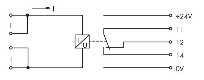 Wiring diagram shows a relay with control circuit on the left and load circuits on the right. Wired with +24V, I1, I2, I4, and 0V connections.