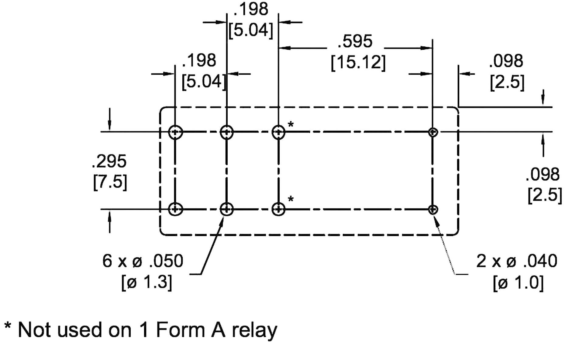 Technical drawing of a rectangular arrangement with dimensions and drill hole positions. Note: 'Not used with 1 Form A relay'.