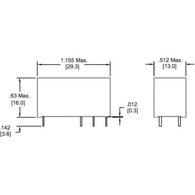 Diagram of an electronic component with dimensions: length 1.155 inches, height 0.63 inches, and width 0.512 inches. Connections at the bottom.
