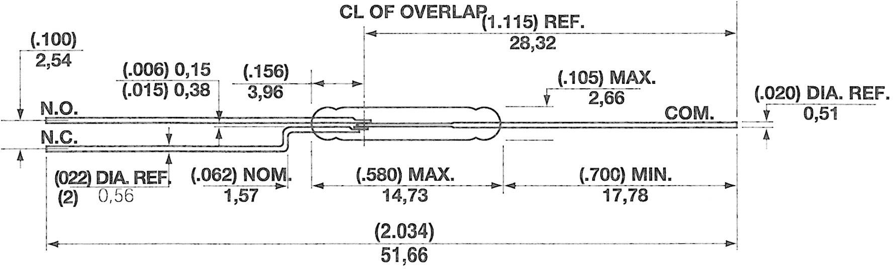 'Technical drawing of an electrical switch with dimensions in inches. Connections: N.O., N.C., COM. Includes overlap and diameter specifications.'