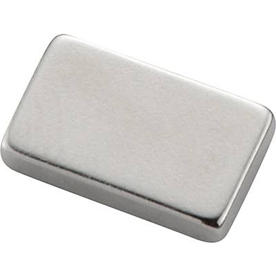 A rectangular, silver block magnet on a white background.