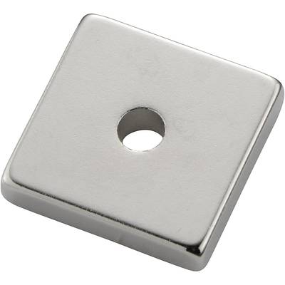 Square magnet with a central hole, smooth and made of silvery metal.