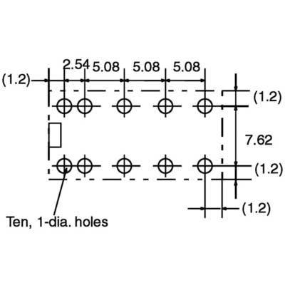 Diagram of an arrangement with ten circular holes, evenly distributed. Dimensions and distances are given in millimetres.
