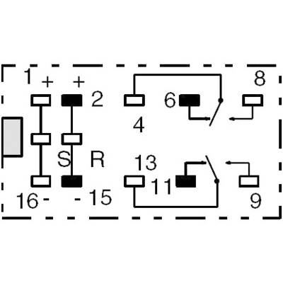 Circuit diagram of a relay with connections and switching contacts. Numbers indicate the terminals, symbols show switching functions.