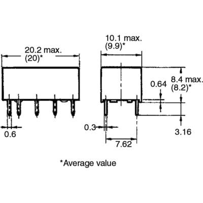 Technical drawing of an electronic component, showing dimensions: 20.2 mm length, 10.1 mm width, 8.4 mm height. Asterisk indicates average values.