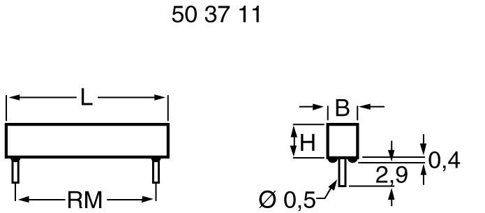 Electronic component with dimensions: width (W), height (H), and diameter 0.5. Distance 2.9 and 0.4, illustrated in technical drawings.