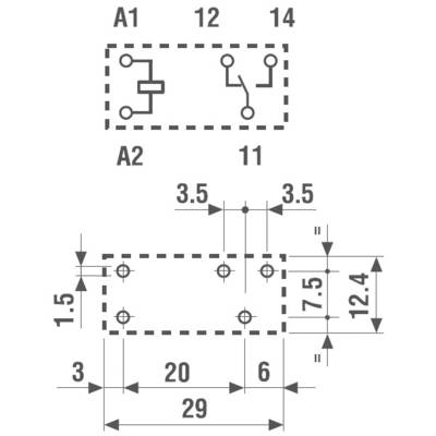 Electrical circuit diagram of a relay with connection labels A1, A2, 11, 12, and 14. Mechanical dimensions shown in millimetres.