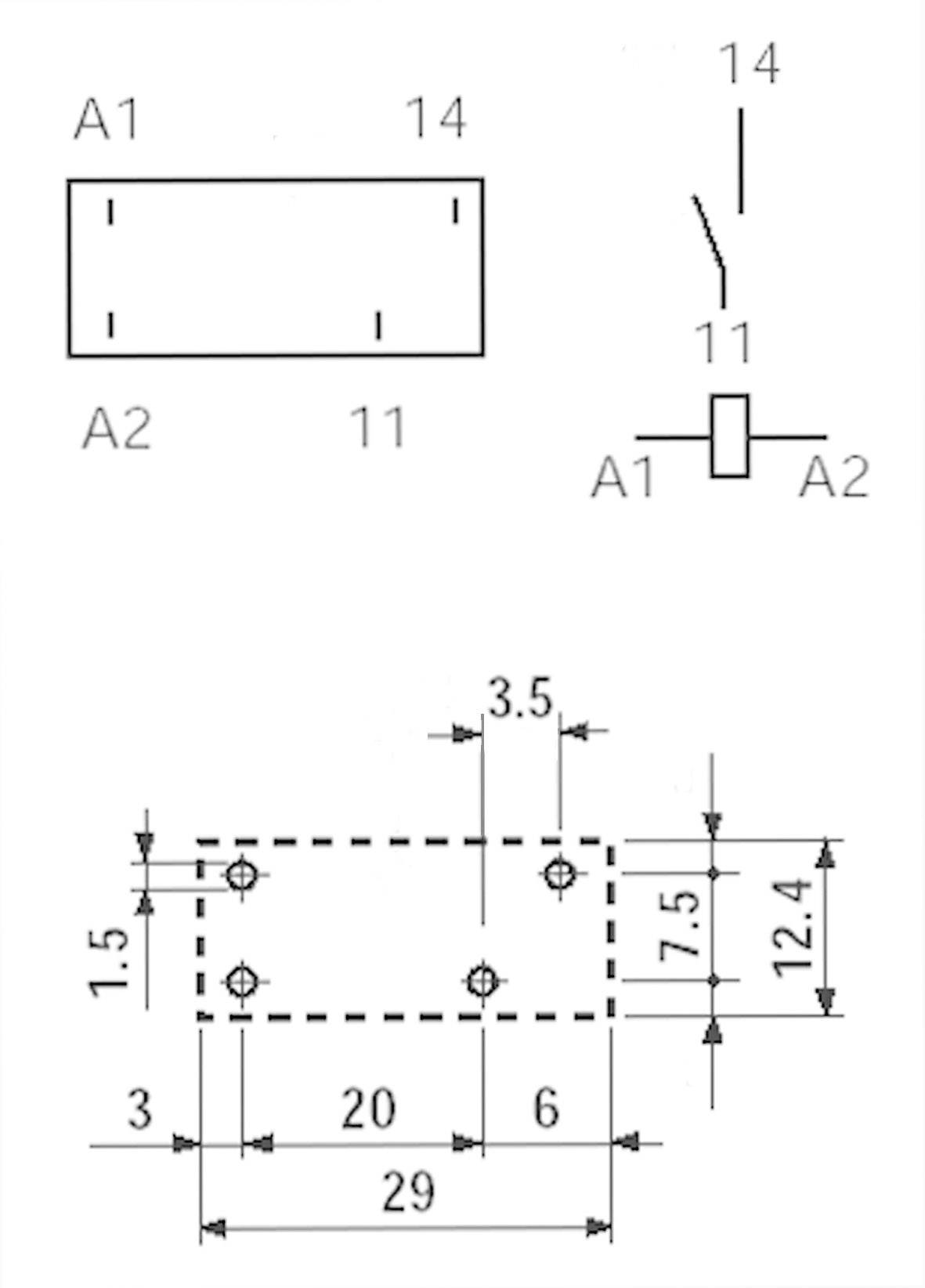 Technical drawing of a rectangle with dimensions. Top: Rectangle with labels A1, A2, 11, 14. Bottom: Detailed dimensions and distances in mm.