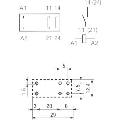 Technical drawing of an electrical circuit diagram with dimensions and connections, showing connection points and distances in millimetres.