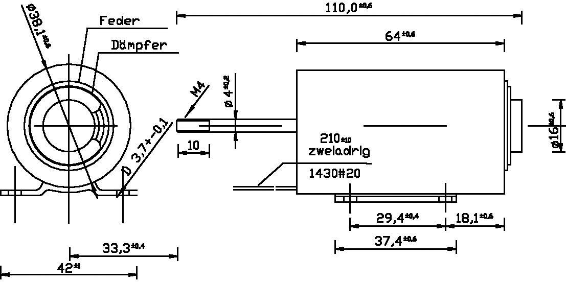 Technical drawing of a cylinder shock absorber with springs and dimensions (in mm), showing side and front views, including labels.