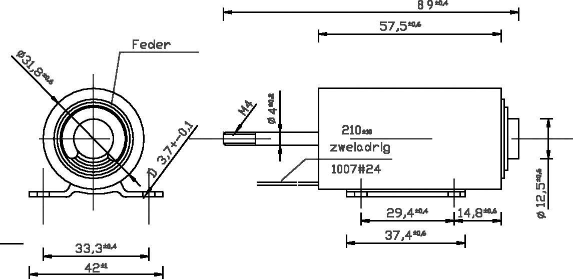 Technical drawing of an engine with dimensions and specifications in millimetres; shows side and front view.