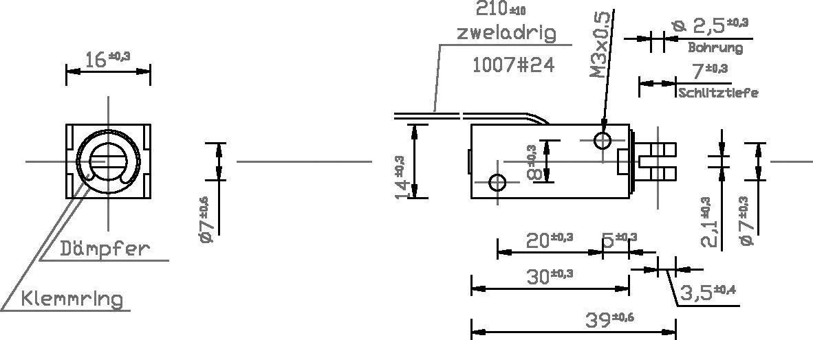 Technical drawing of a damper with dimensional specifications in millimetres. Shows positions of bore holes, clamp rings, and slot depths.