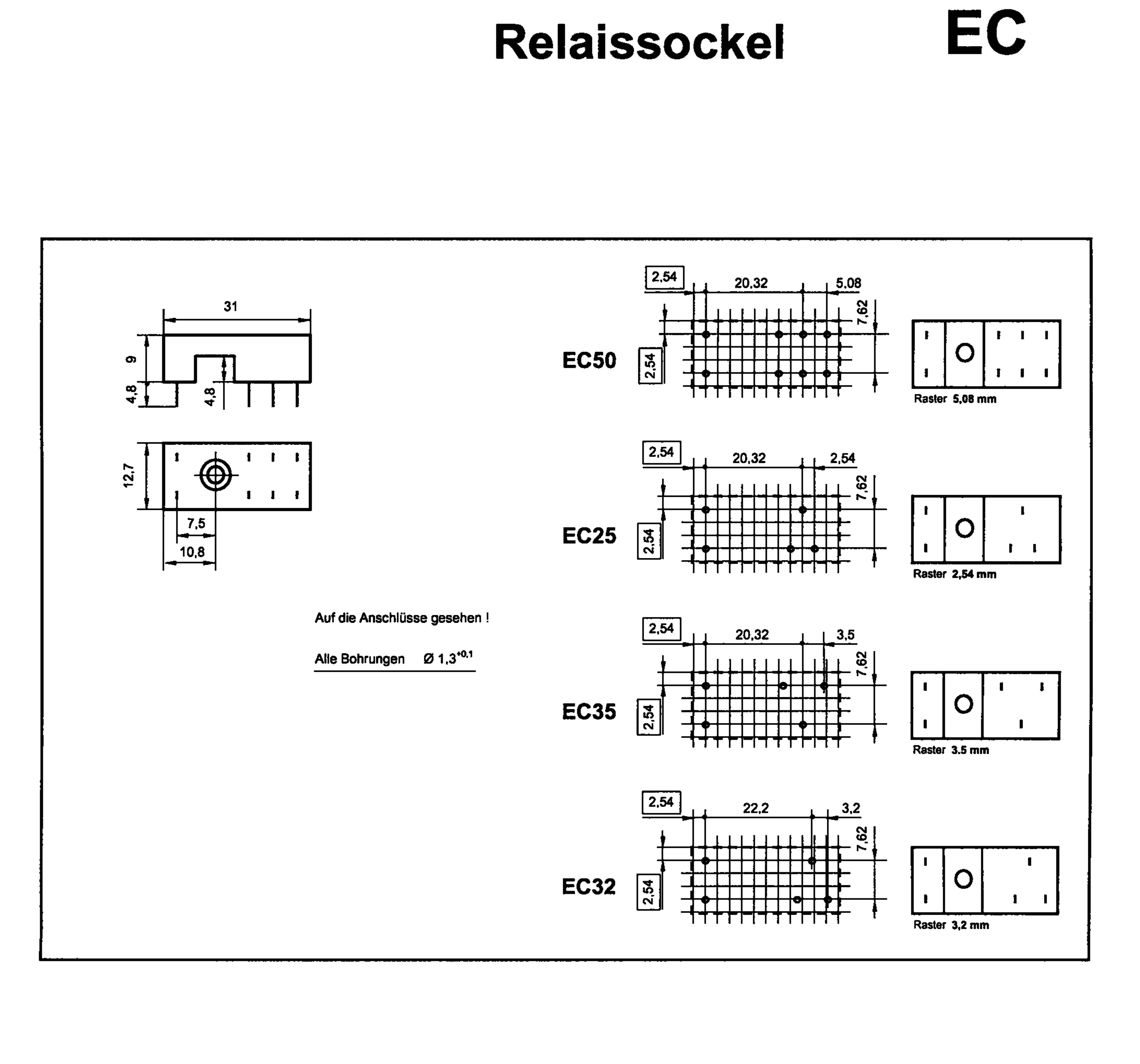 'Relay Base EC' diagram shows dimensions and drilling details for EC50, EC25, EC35, and EC32 models, including connection details and grid spacing.