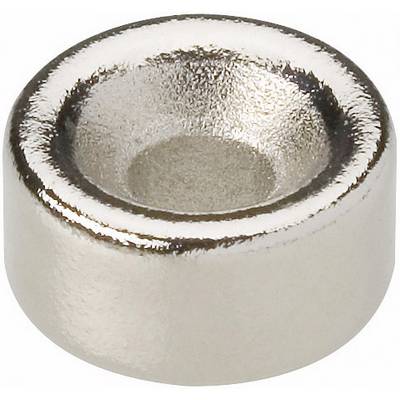 A silver pot magnet with a circular recess in the centre, with a glossy surface.