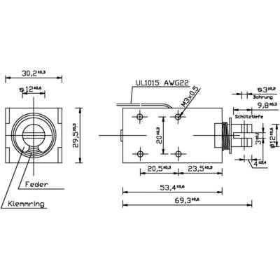 Technical drawing of a rectangular part with dimensions in millimetres, showing front, side, and top views.