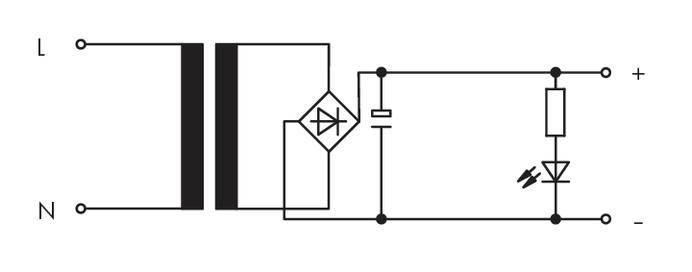 'A simple mains rectifier: Live and neutral AC sources flow through a diode for rectification, voltage across LED and resistor.'