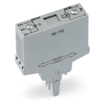 A rectangular, grey electrical adapter with markings 'A1', 'A2', '+', '-', 'TEST' and '286-758'.