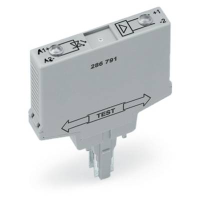 Grey, rectangular electronic device with screw terminals, arrow symbols, and a test marking.
