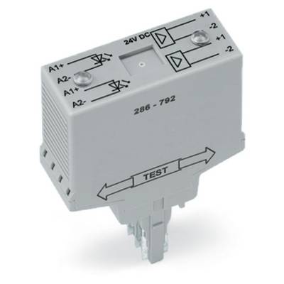 A grey electrical relay with printing '24V DC' and 'TEST'. It displays circuit symbols and arrows for connection points.