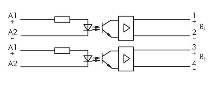 Schematic of an optocoupler-based circuit with two isolated channels. Each channel comprises an LED pair and a photodetector connected to an amplifier.