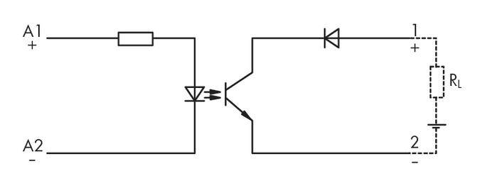 Circuit diagram: Transistor circuit with diode, resistor, LED and load resistor (R_L). Current flows from A1 to A2, controlling the LED base.