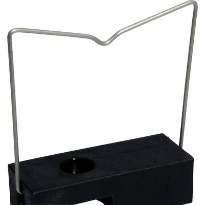 A black component clamp with an inverted U-shaped metal bracket for secure fastening or contact in electronic applications.