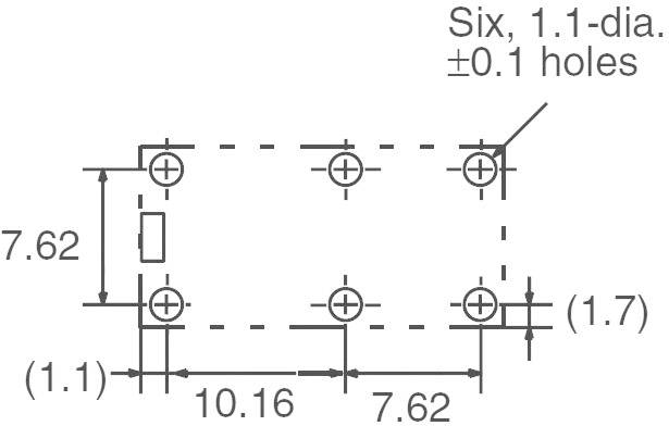Technical drawing of a rectangular part with six holes, diameter 1.1 ±0.1. Dimensions: total length 17.78, width 7.62.