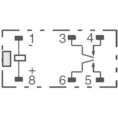 'Circuit diagram of an electrical relay. On the left: coil at terminals 1 and 8. On the right: contacts at terminals 3, 4, 5, 6. Electrical circuit controlled via switching path.'