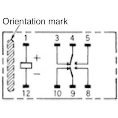 Switch symbol with labels: On the left, positive and negative points. On the right, switch connections between terminals 3-4, 8-9.