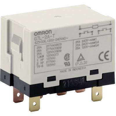 Omron electrical relay with the marking 'G7L-2A-T', suitable for 120-240VAC, manufactured in Indonesia.