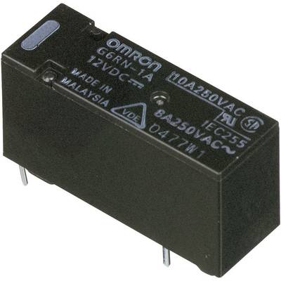 A rectangular black relay with the inscription 'Omron G6RN-1A 12VDC 10A 250VAC'. Shows technical specifications and country of origin.