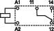 Circuit diagram of a relay with terminals A1, A2, 11, 14, 12. Connections show the switching mechanism between the contacts.