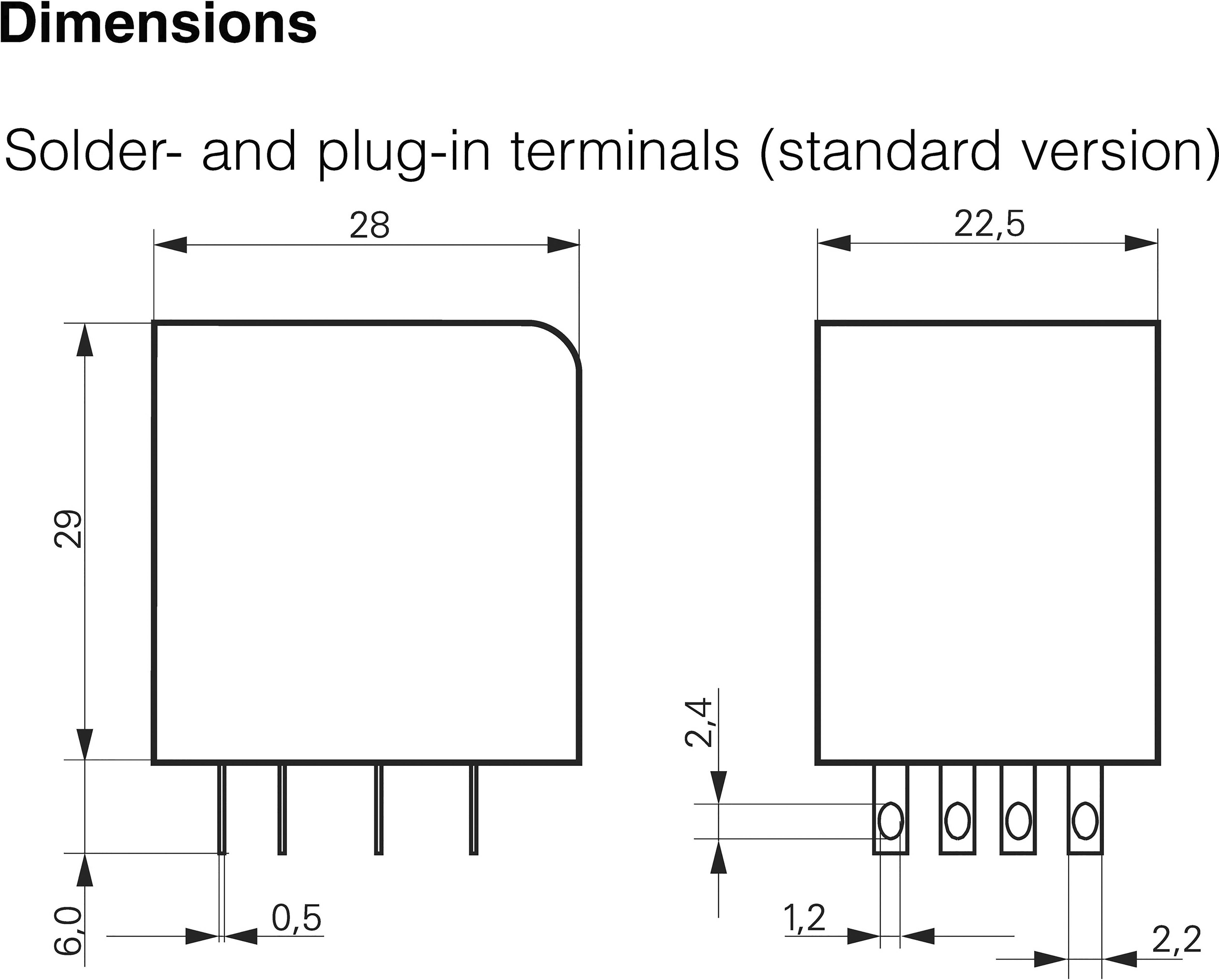 Diagram shows the dimensions of a rectangular component with soldering and plug connections: 29 mm high, 28 mm wide, connection pins at the bottom.