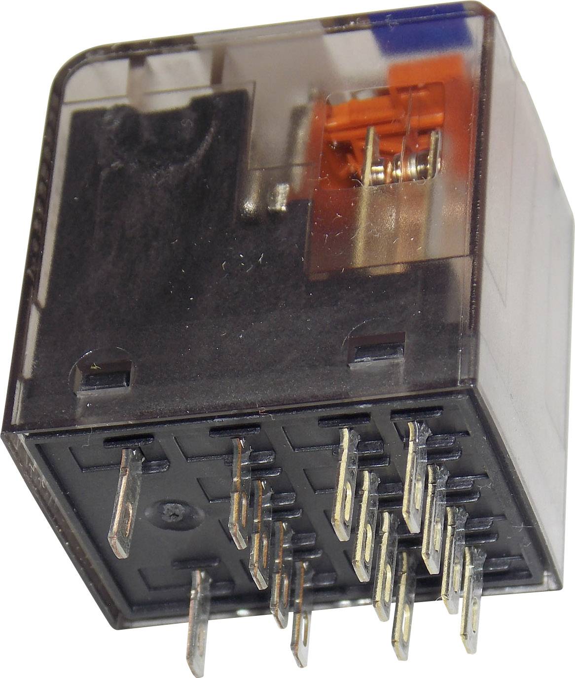 A transparent electrical relay cube with multiple metal pins at the bottom. Orange mechanical components are visible inside.