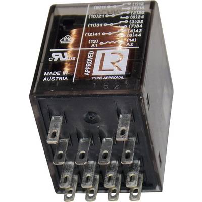 Electromechanical relay with multiple pins, showing winding and circuit diagrams on the top surface. Labels: 'MADE IN AUSTRIA', 'TYPE APPROVAL'.