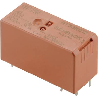 A rectangular, red relay with the marking 'RT33K012' and technical specifications. It has four connection pins.