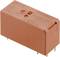 A rectangular, red relay with the marking 'RT33K012' and technical specifications. It has four connection pins.