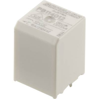 A white relay with the marking '12VDC, 10A 250VAC', square-shaped, with four connection pins at the bottom, suitable for electrical applications.
