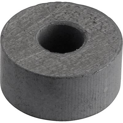 Grey, circular magnet with a hole in the centre, made from ferrite material, resting on a white background. Designed for various applications in the home or industry.