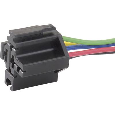 Black electrical connector with multiple coloured cables (green, blue, yellow, red) for connection in a technical device.