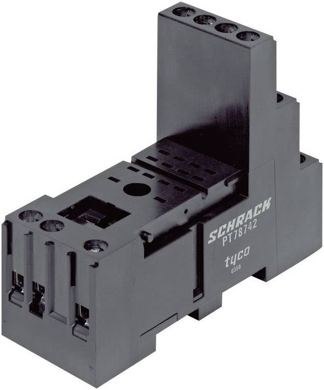 Relay Base Socket Schrack PT 18742, black, for electrical applications. Four screw terminals at the top, brand logo visible on the side.