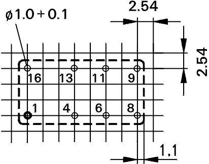 Technical drawing of a rectangular pin grid with dimensions 2.54 x 2.54 mm and hole diameter 1.0 + 0.1 mm.