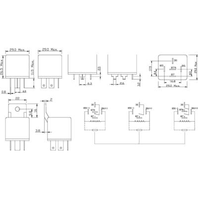 Technical drawing of a relay with dimensions and pin assignment, showing side view, front view, and circuit diagram with connection schematic.